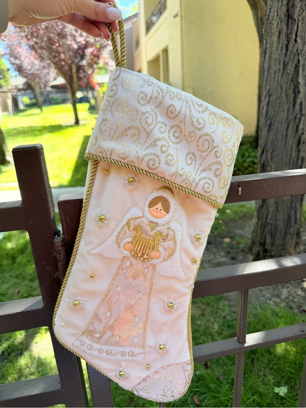 Elegant Vintage Prima Creations Beaded Ivory Gold Christmas Stocking Angel 2002